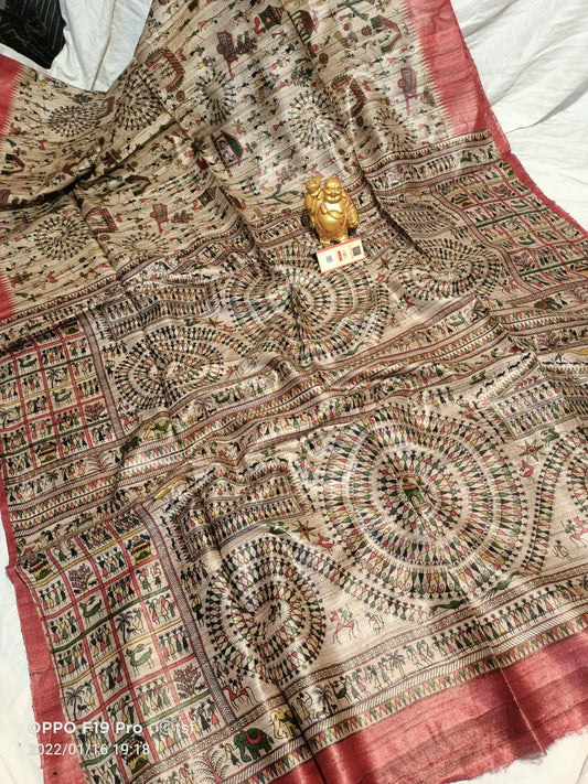 Pure Silk Tussar Ghicha Screen Printed Saree image 0
