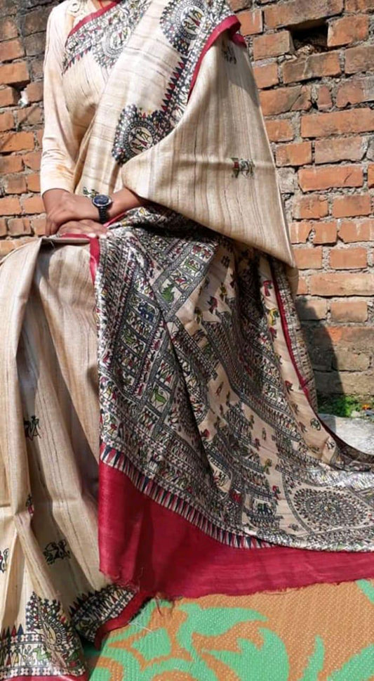 Pure Silk Tussar Ghicha Screen Printed Saree image 0