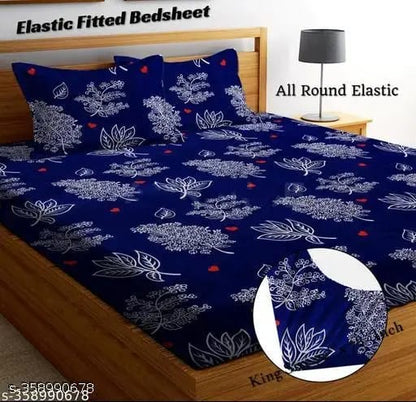 Super Soft Glace Cotton All Round Elastic Fitted Double Bed Bedsheet with 2 Pillow Covers-72x78x8