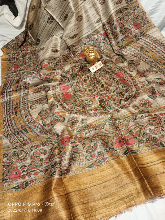 Pure Silk Tussar Ghicha Screen Printed Saree image 0