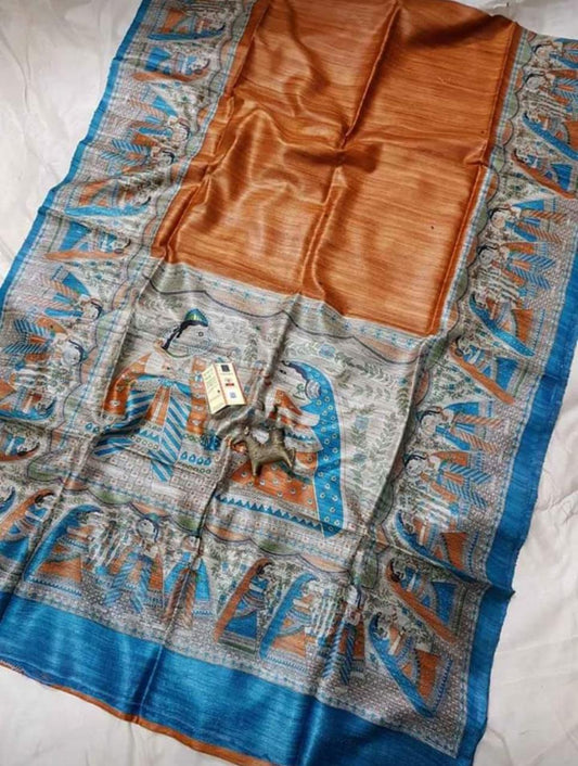 Pure Silk Tussar Ghicha Screen Printed Saree image 0
