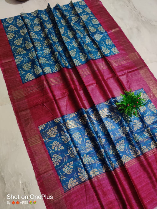 Pure Silk Tussar Ghicha Screen Printed Saree image 0