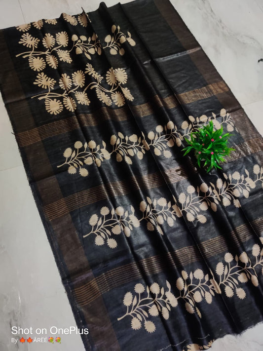 Pure Silk Tussar Ghicha Screen Printed Saree image 0