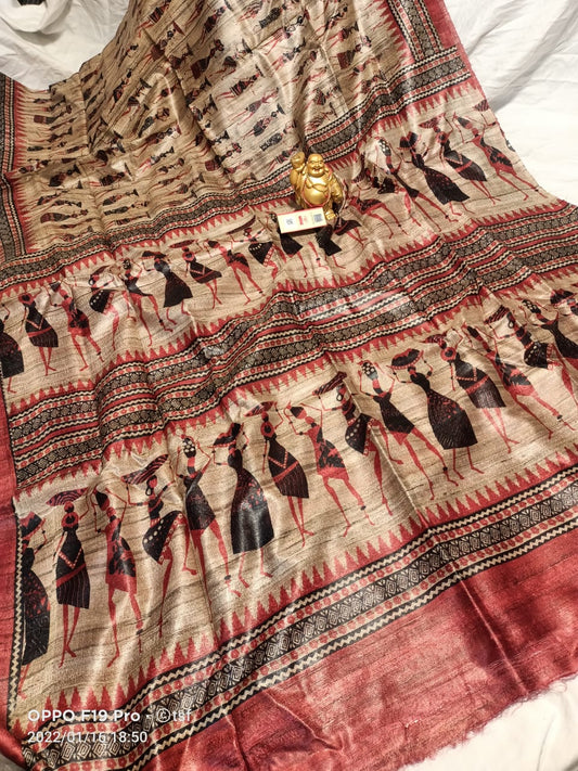 Pure Silk Tussar Ghicha Screen Printed Saree image 0