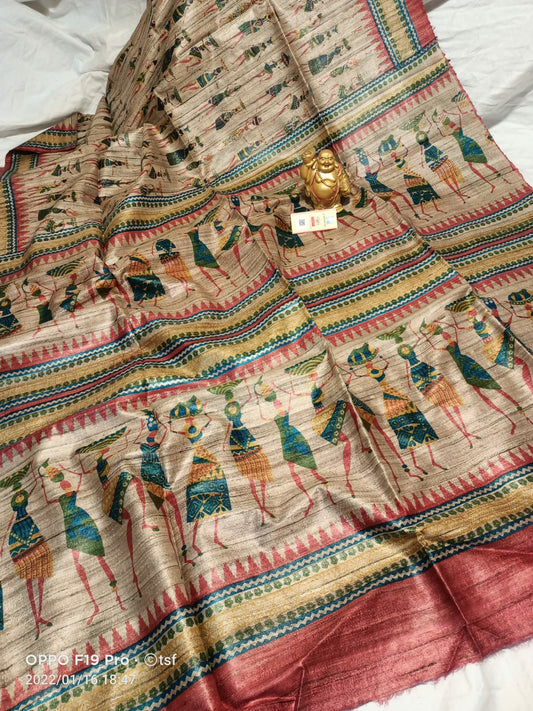 Pure Silk Tussar Ghicha Screen Printed Saree image 0
