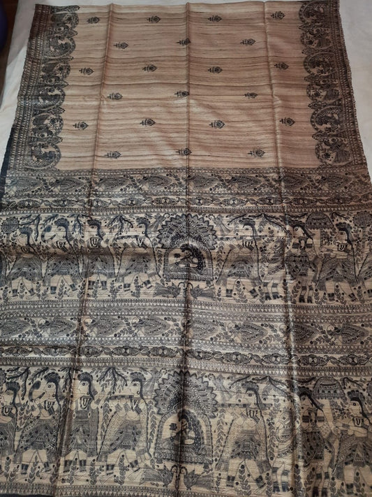 Pure Silk Tussar Ghicha Screen Printed Saree image 0