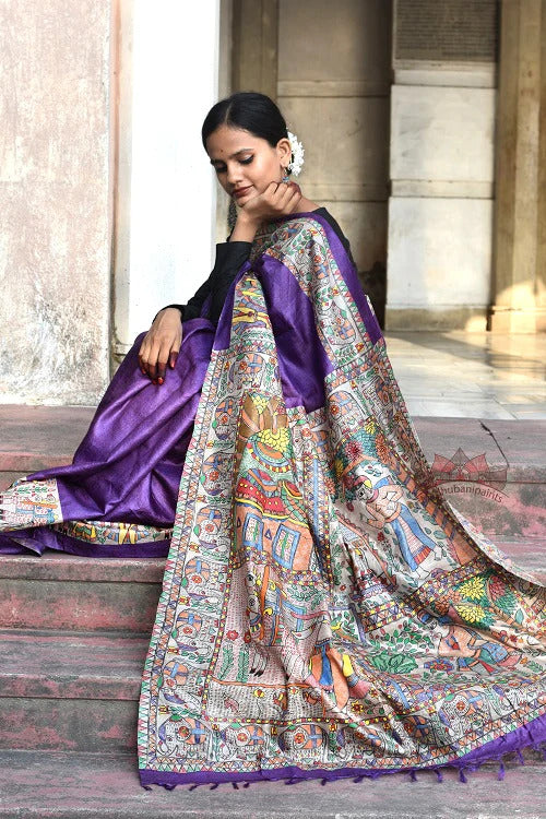 Pure Tussar Silk Madhubani Saree online with Running Blouse Silk Mark Certified image 1
