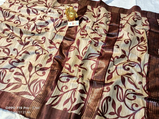Pure Silk Tussar Ghicha Screen Printed Saree image 0