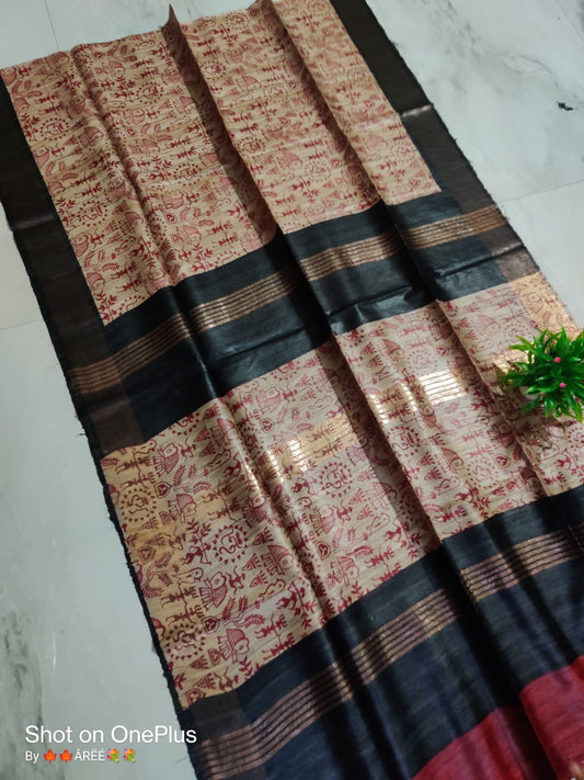 Pure Silk Tussar Ghicha Screen Printed Saree image 0