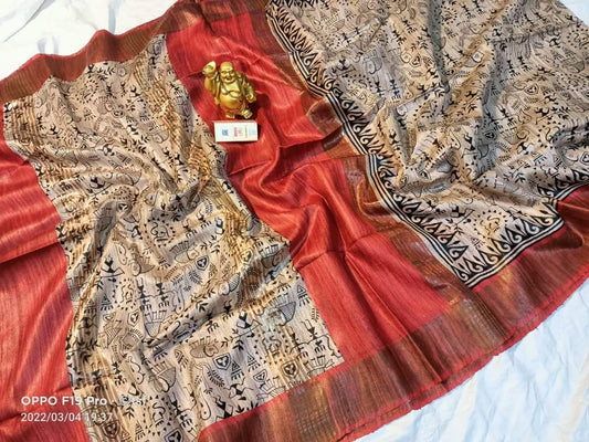Pure Silk Tussar Ghicha Screen Printed Saree image 0