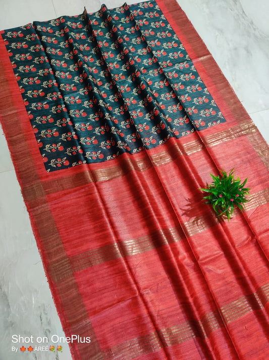 Pure Silk Tussar Ghicha Screen Printed Saree image 0