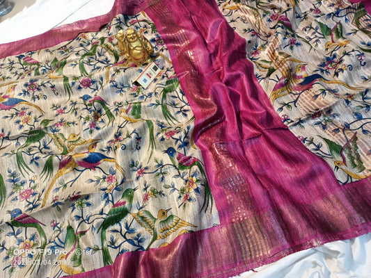 Pure Silk Tussar Ghicha Screen Printed Saree image 0