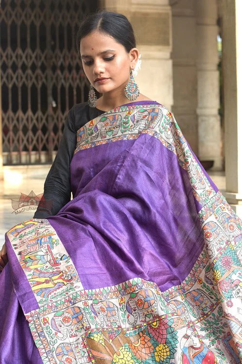 Pure Tussar Silk Madhubani Saree online with Running Blouse Silk Mark Certified image 0