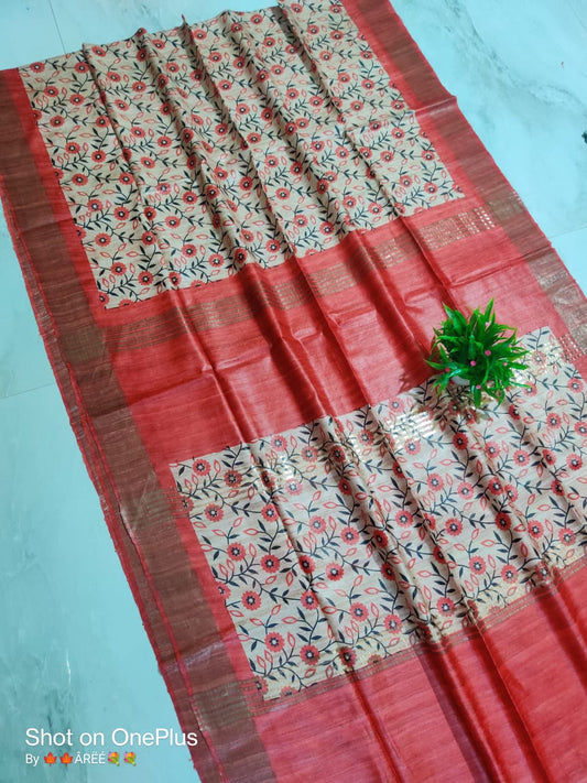 Pure Silk Tussar Ghicha Screen Printed Saree image 0