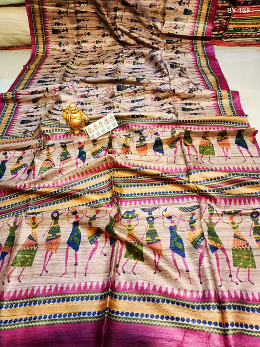 Pure Silk Tussar Ghicha Screen Printed Saree image 0