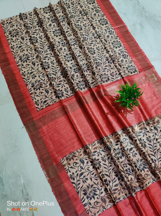 Pure Silk Tussar Ghicha Screen Printed Saree image 0