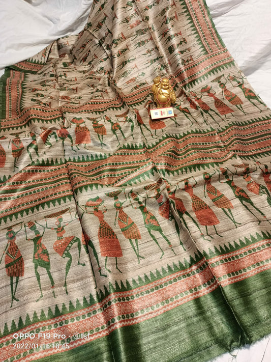 Pure Silk Tussar Ghicha Screen Printed Saree image 0