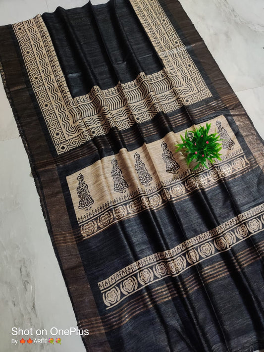 Pure Silk Tussar Ghicha Screen Printed Saree image 0