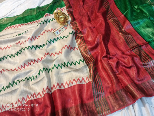 Pure Silk Tussar Ghicha Screen Printed Saree image 0