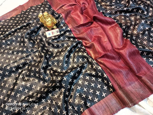 Pure Silk Tussar Ghicha Screen Printed Saree image 0