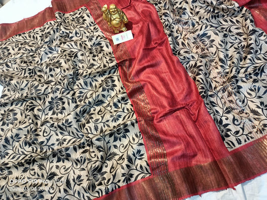 Pure Silk Tussar Ghicha Screen Printed Saree image 0