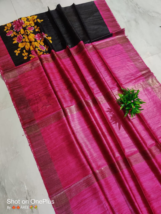 Pure Silk Tussar Ghicha Screen Printed Saree image 0