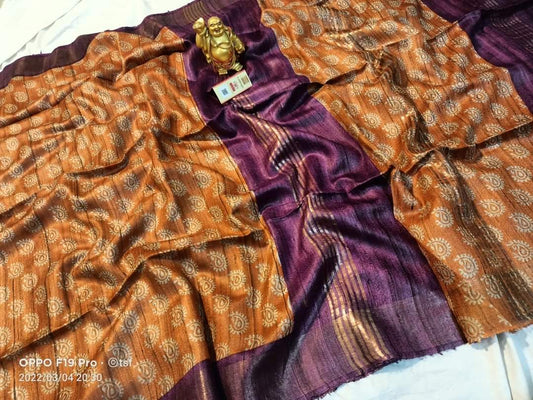 Pure Silk Tussar Ghicha Screen Printed Saree image 0