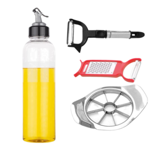 De' Luce 1 Piece Oil Dispenser, 1 SS Apple Cutter, 1 Peeler & 1 Cheser Combo Pack of 4