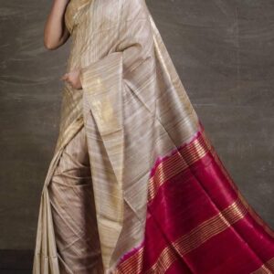 Pure Silk Tussar Ghicha Saree with Woven Zari Border