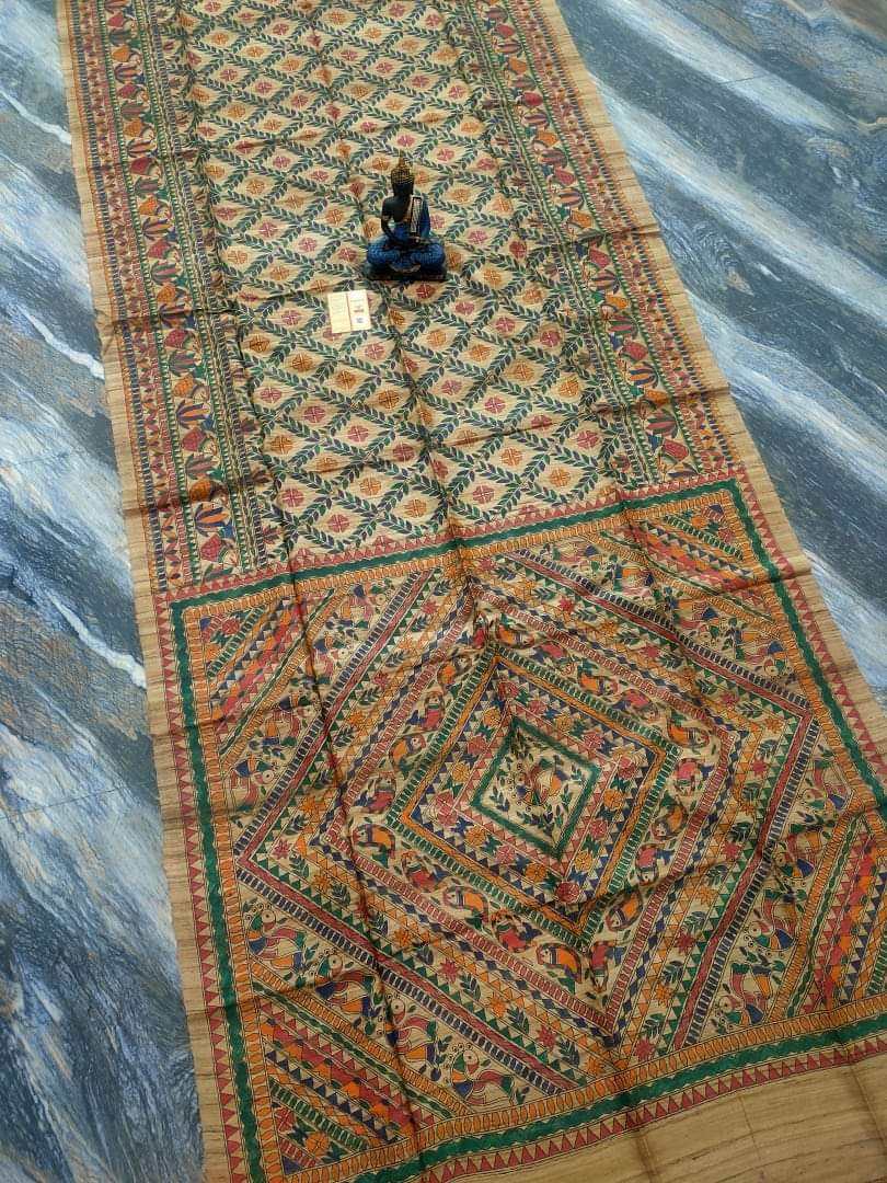 Tussar Ghicha Madhubani HandPainted Full Body Saree