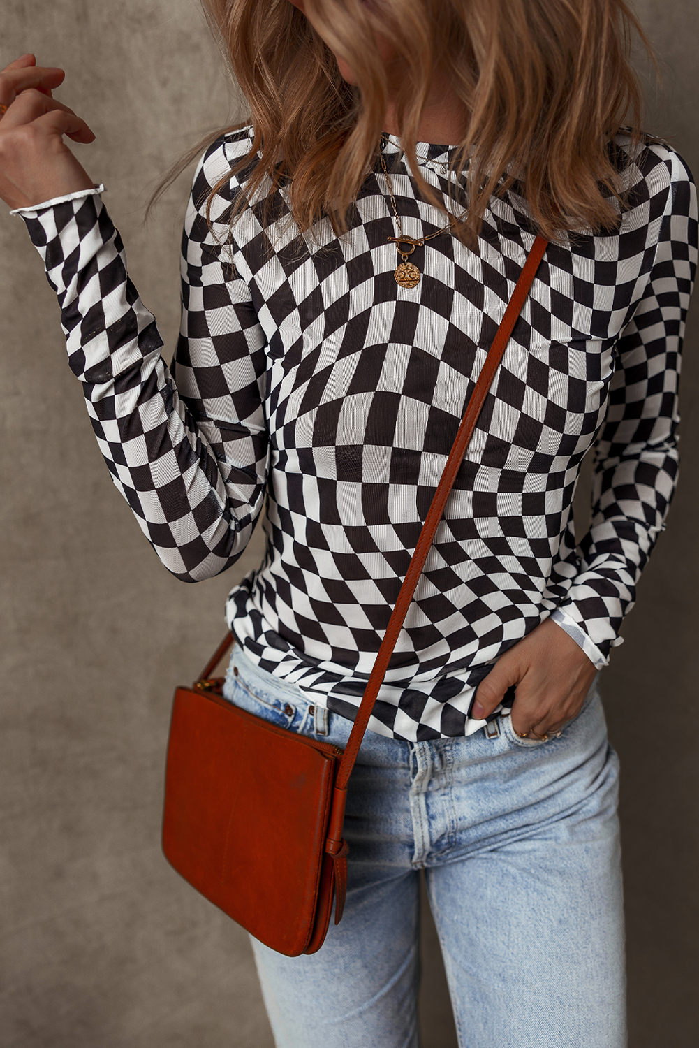Black Checkered Pattern Mesh Mock Neck Long Sleeve Top - Image 4