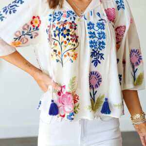 White Floral Print Tassel Tie Bracelet Sleeve Flowy Blouse