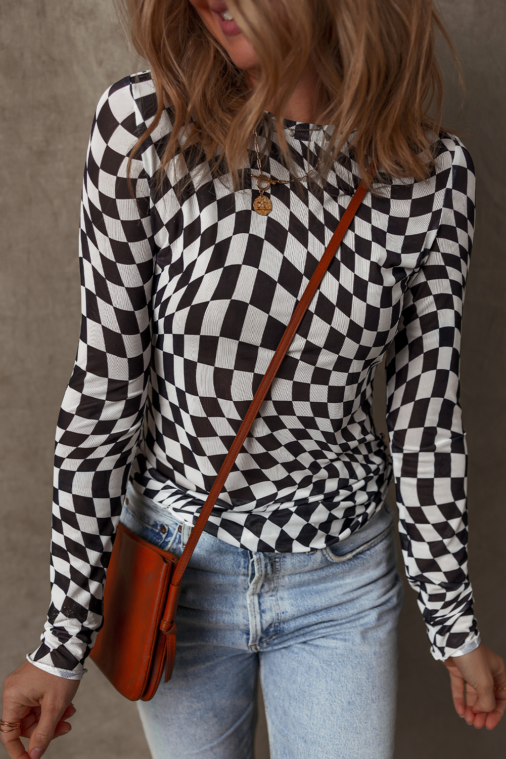 Black Checkered Pattern Mesh Mock Neck Long Sleeve Top - Image 2