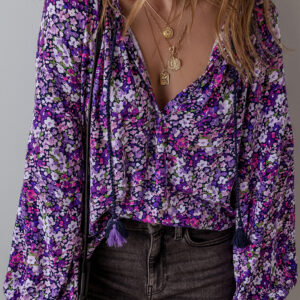 Purple Boho Flower Split V Neck Bubble Sleeve Blouse