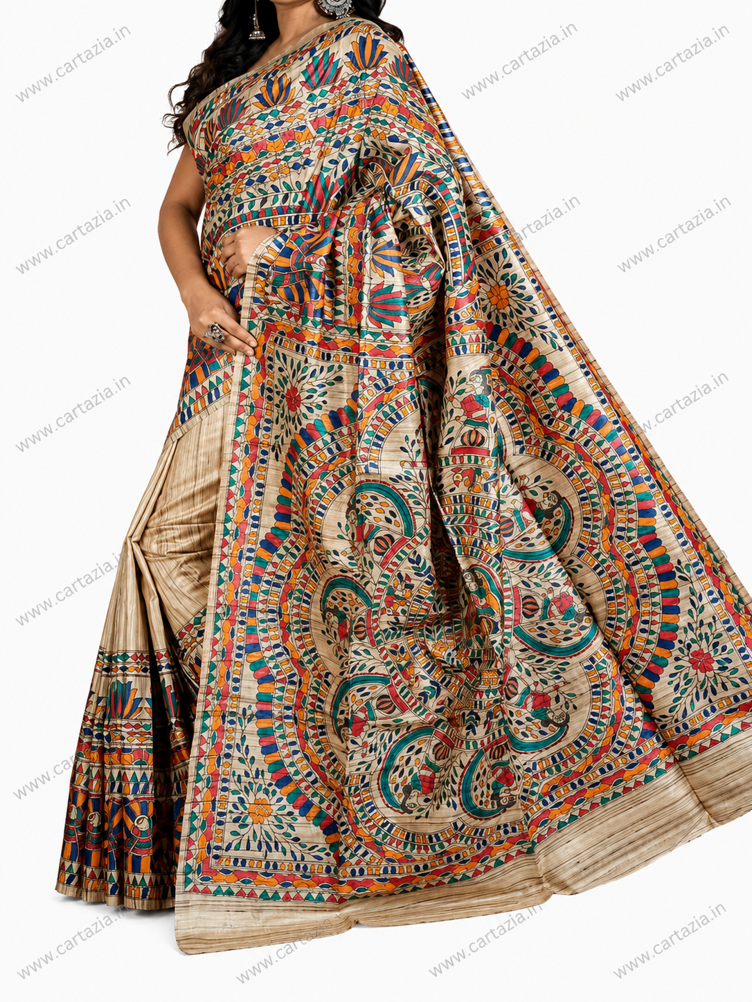 Pure Tussar Ghicha Silk Saree with Half Body Handpainted Madhubani Art 007 4 Pure Tussar Ghicha Silk Saree with Half Body Handpainted Madhubani Art 007 - Image 2