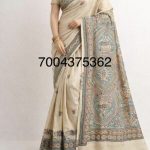 Pure Desi Tussar Silk Handloom Saree – Madhubani Hand-Painted Anchal & Border