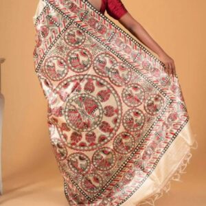 Pure Desi Tussar Silk Handloom Saree – Madhubani Hand-Painted Anchal & Border