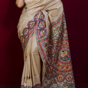 Pure Desi Tussar Silk Handloom Saree – Madhubani Hand-Painted Anchal & Border