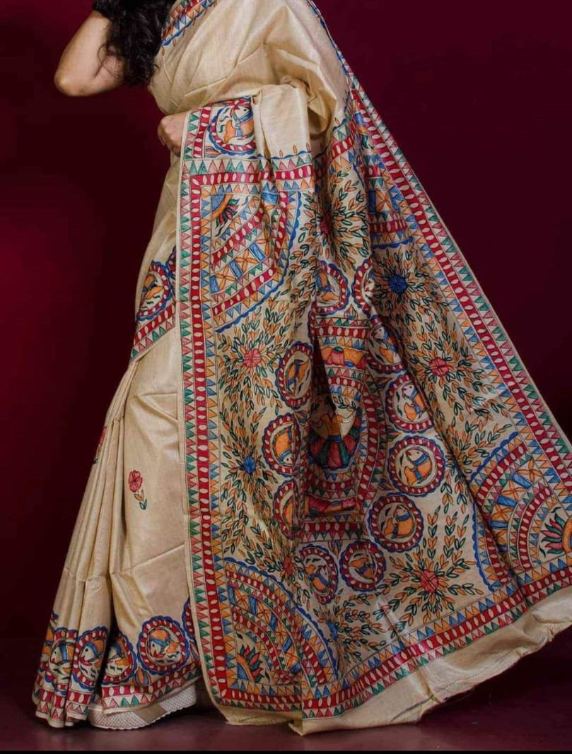 Pure Desi Tussar silk saree with Madhubani hand-painted border