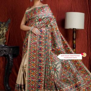 Handloom-pure-tussar-ghicha-silk-saree-with-half-body-madhubani-painting