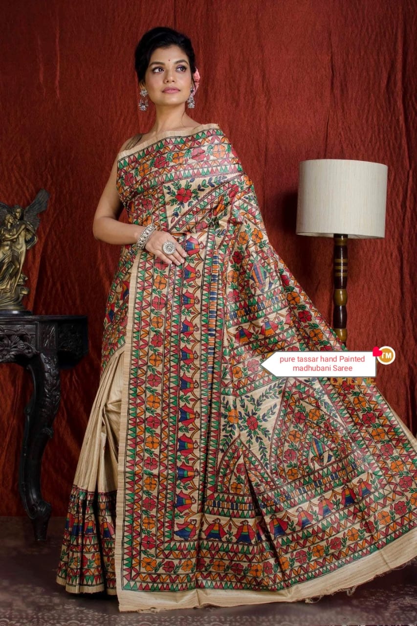 Handloom-pure-tussar-ghicha-silk-saree-with-half-body-madhubani-painting