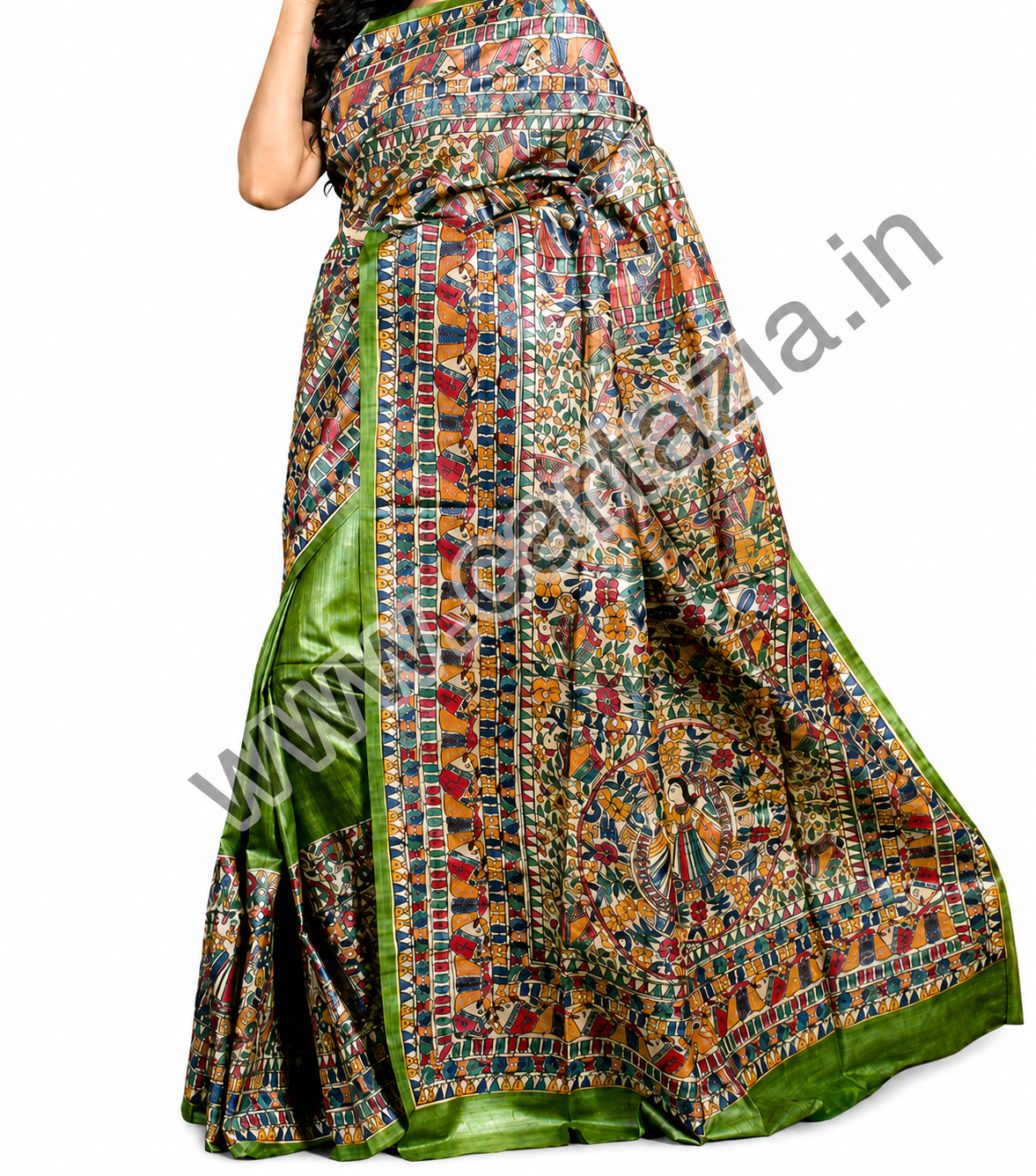 Handloom-pure-tussar-ghicha-silk-saree-with-half-body-madhubani-painting