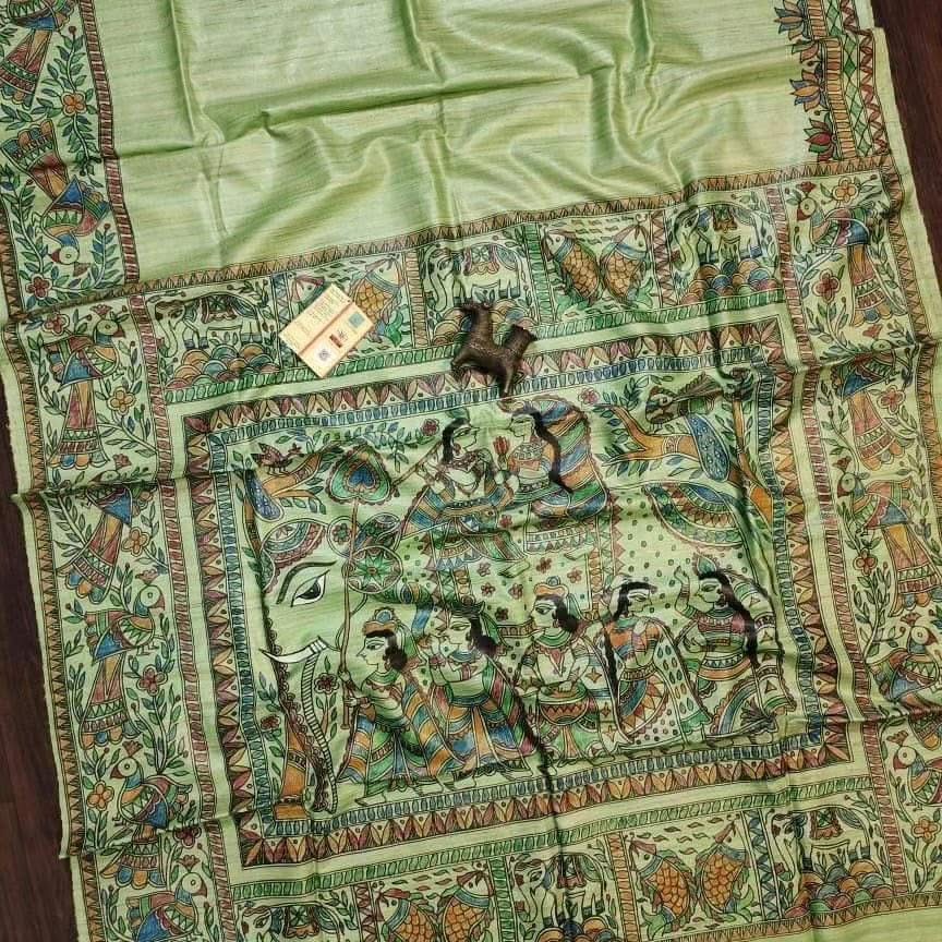 Pure Desi Tussar silk saree with Madhubani hand-painted border