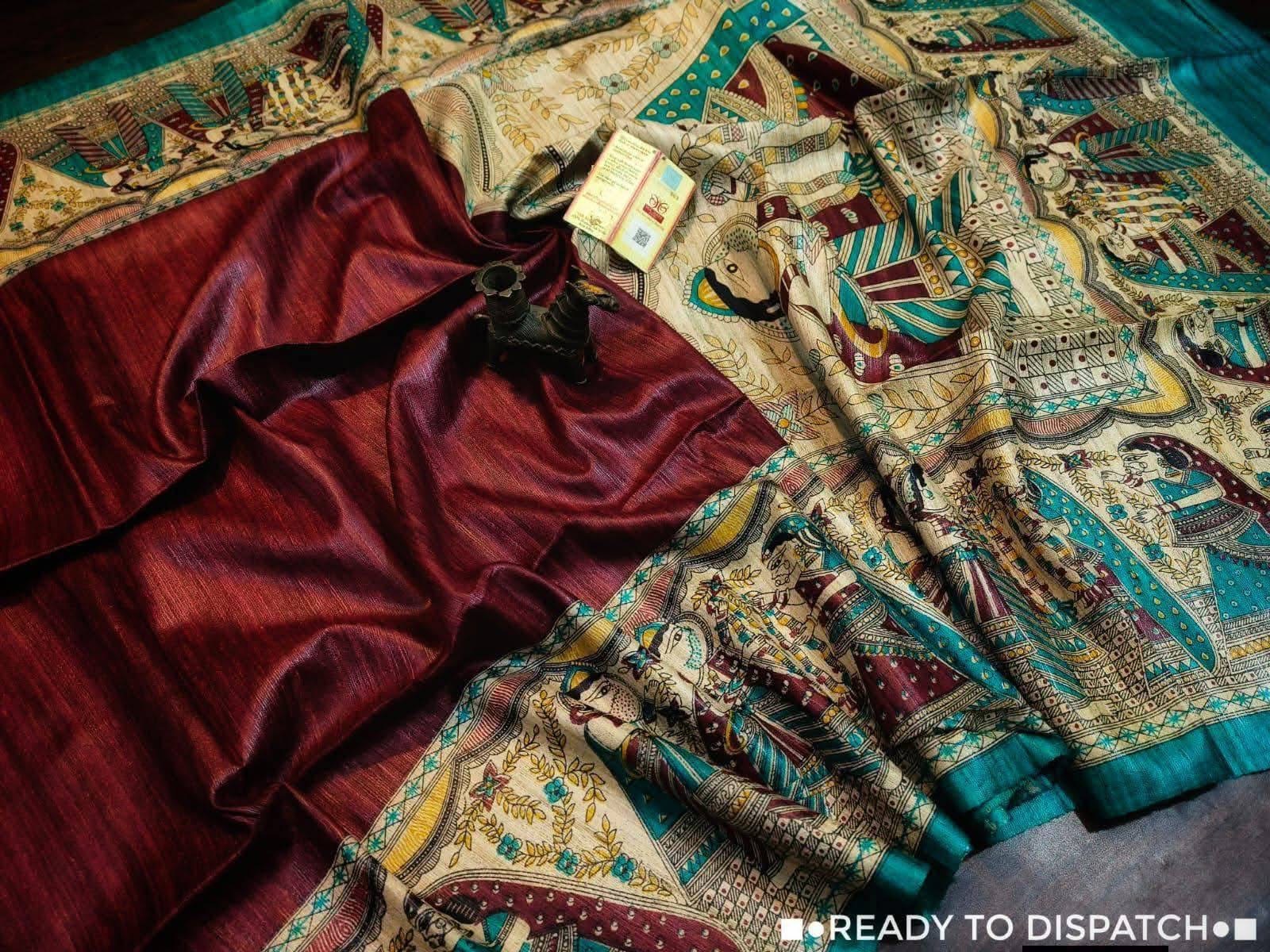 Handloom Tussar Ghicha Silk Saree with Traditional Screen Prints