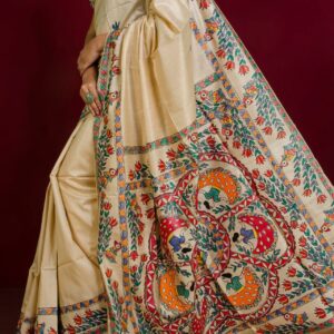 Handloom Pure Desi Tussar Silk Saree – Madhubani Hand-Painted Anchal & Border