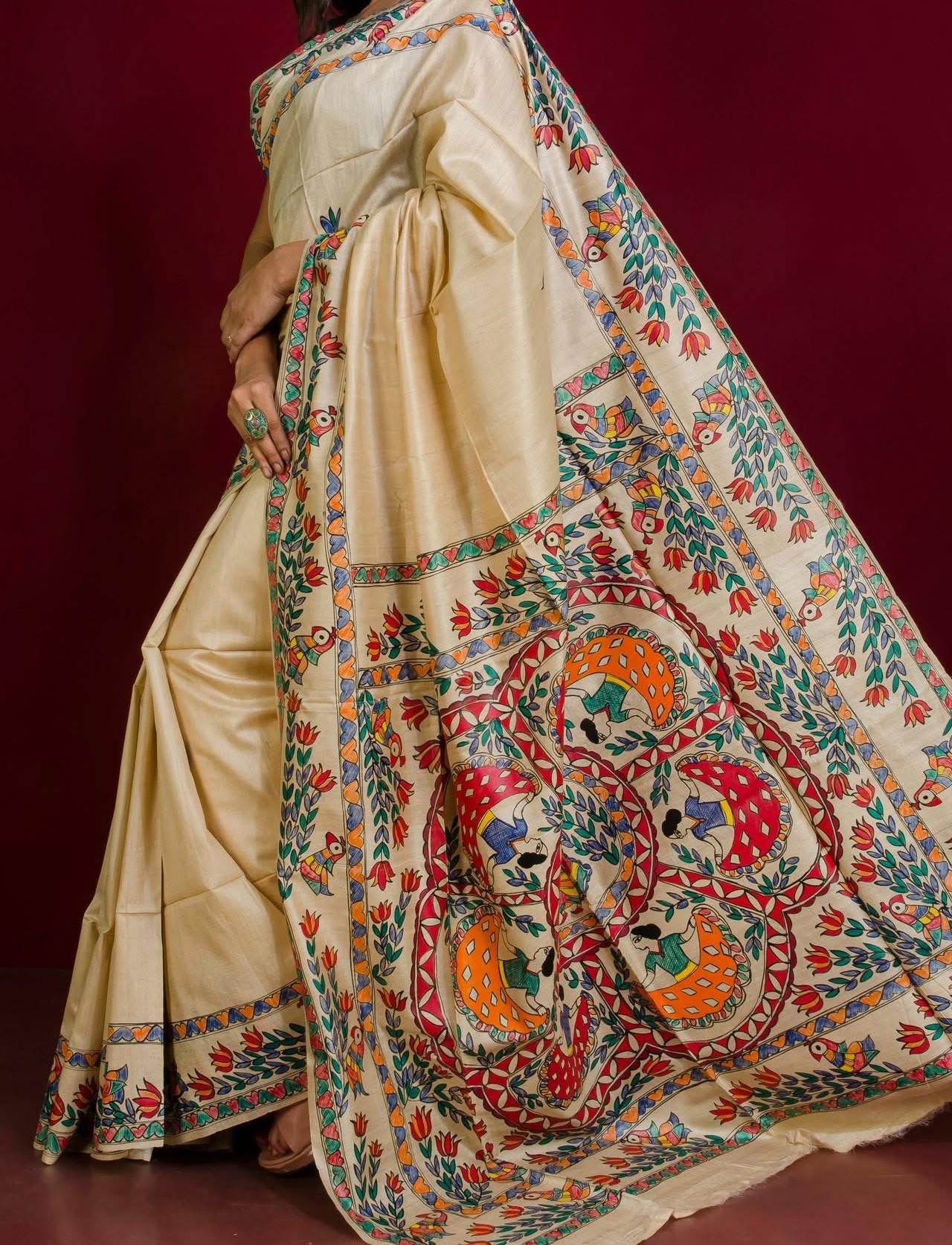 Pure-Desi-Tussar-silk-handloom-saree-with-Madhubani-hand-painted-anchal-and-border