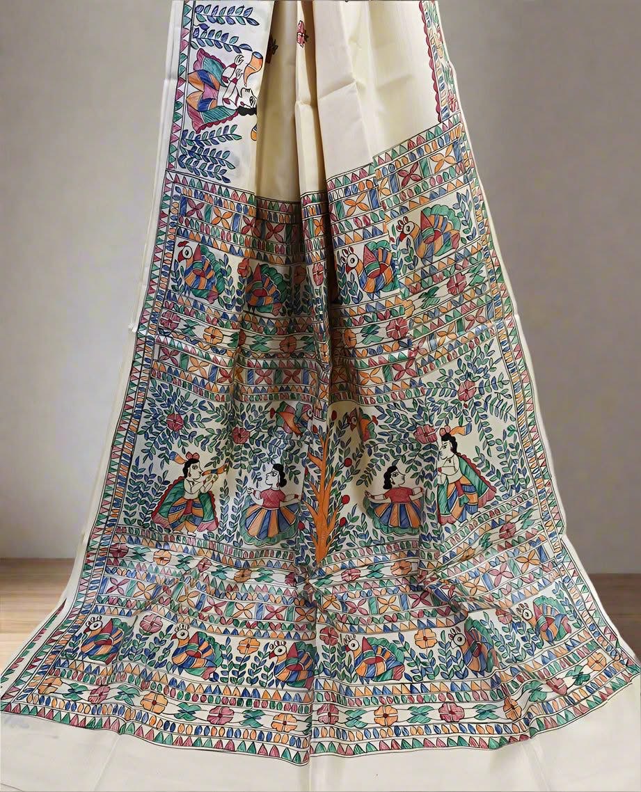 Pure-Desi-Tussar-silk-handloom-saree-with-Madhubani-hand-painted-anchal-and-border