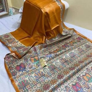 Handloom Pure Desi Tussar Silk Saree – Madhubani Hand-Painted Anchal & Border