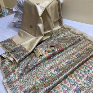 Handloom Pure Desi Tussar Silk Saree – Madhubani Hand-Painted Anchal & Border