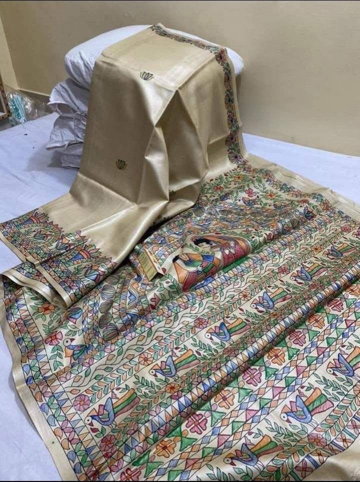 Pure-Desi-Tussar-silk-handloom-saree-with-Madhubani-hand-painted-anchal-and-border